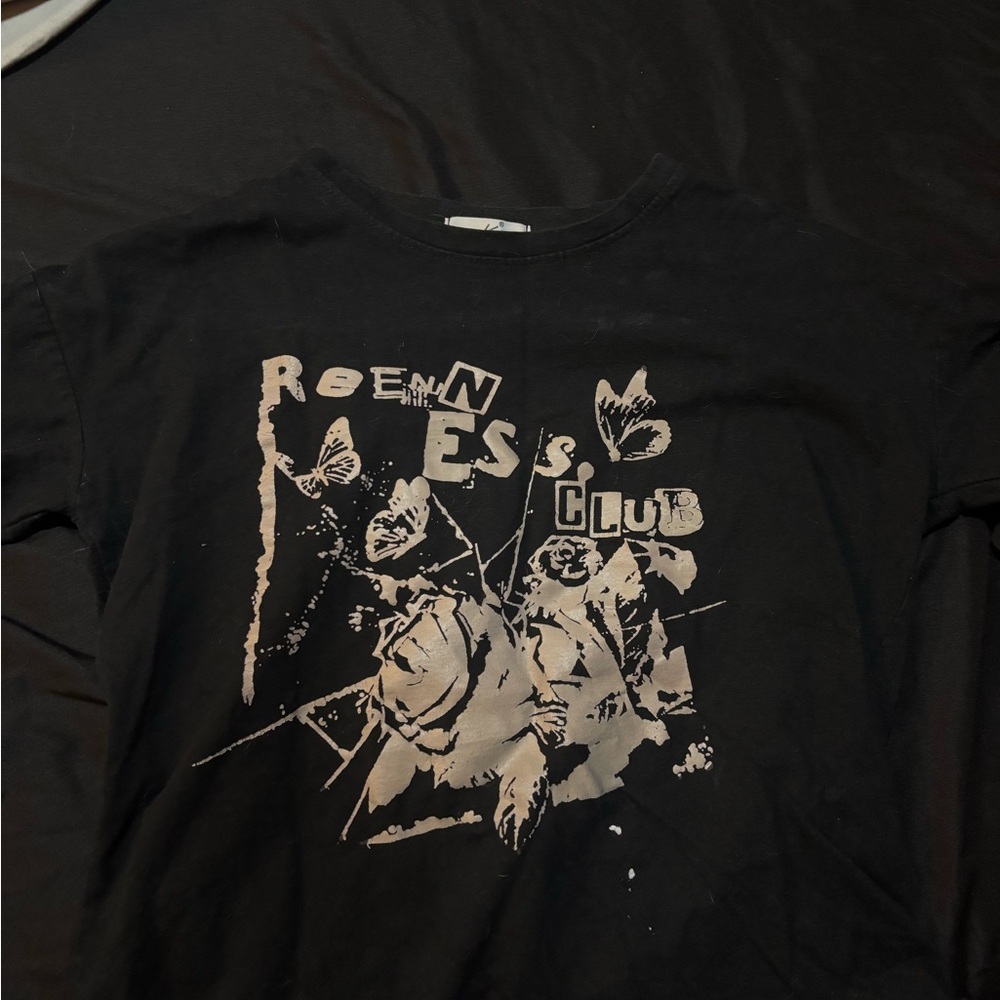 Black Graphic Crewneck T-Shirt with Beige Floral Print